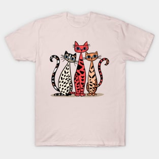 "Whimsical Trio: Red & Black Cat Carnival"- Cat lover Cartoon T-Shirt